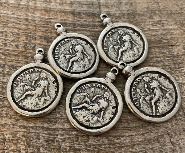 Load image into Gallery viewer, Old World Greek Coin Replica with Setting, Antiqued Silver Charm Pendant, Woman Lady Coin, Jewelry Supplies, PW-6195
