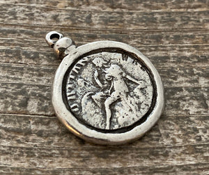 Old World Greek Coin Replica with Setting, Antiqued Silver Charm Pendant, Woman Lady Coin, Jewelry Supplies, PW-6195