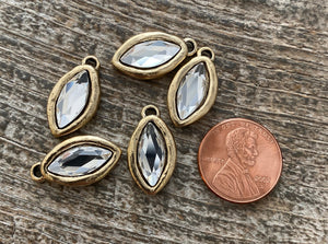 Swarovski Crystal Clear Navette Charm, Antiqued Gold Rhinestone Pendant, Jewelry Making Artisan Findings, GL-S005