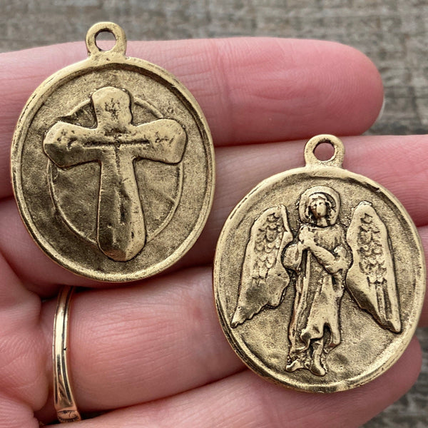 Load image into Gallery viewer, Archangel St. Raphael, Catholic Medal, Angel of Healing, Antiqued Gold Religious Pendant Charm, Protection Christian Jewelry, GL-6135
