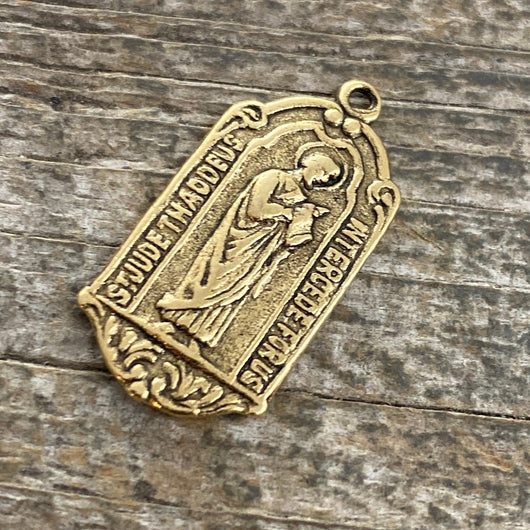 St. Jude, Catholic Medal, Antiqued Gold Charm, Saint of Hope and Miracles, Religious Jewelry, GL-6082