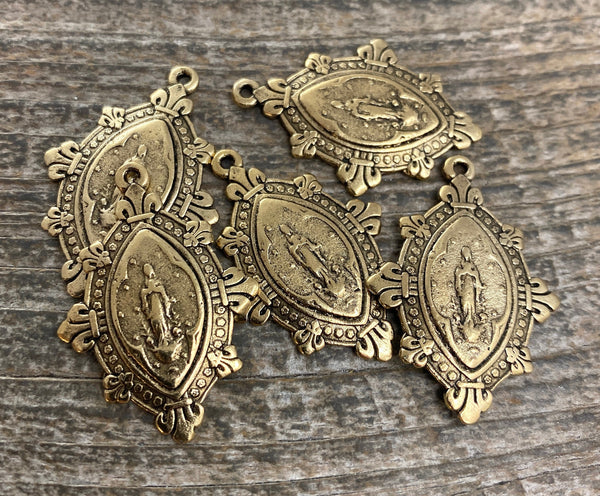Load image into Gallery viewer, French Mary Medal, Fleur de Lis Pendant, Antiqued Gold Charm, Catholic Religious Christian Jewelry, GL-6081
