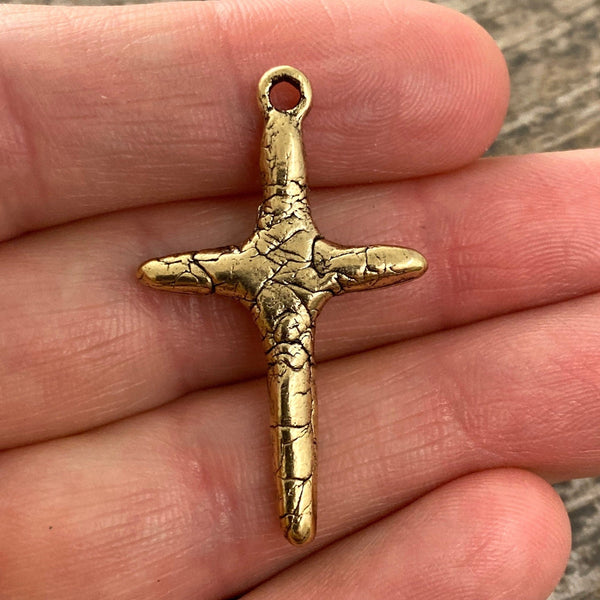 Load image into Gallery viewer, Skinny Crackled Stick Cross Pendant, Distressed Charm, Antiqued Gold Cross for Jewelry Making Supplies, GL-6083

