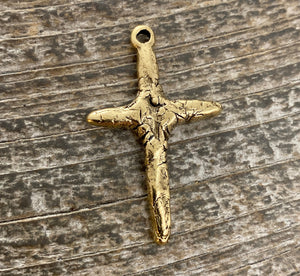 Skinny Crackled Stick Cross Pendant, Distressed Charm, Antiqued Gold Cross for Jewelry Making Supplies, GL-6083