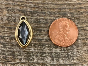 Swarovski Crystal Graphite Navette Charm, Antiqued Gold Rhinestone Pendant, Jewelry Making Artisan Findings, GL-S006