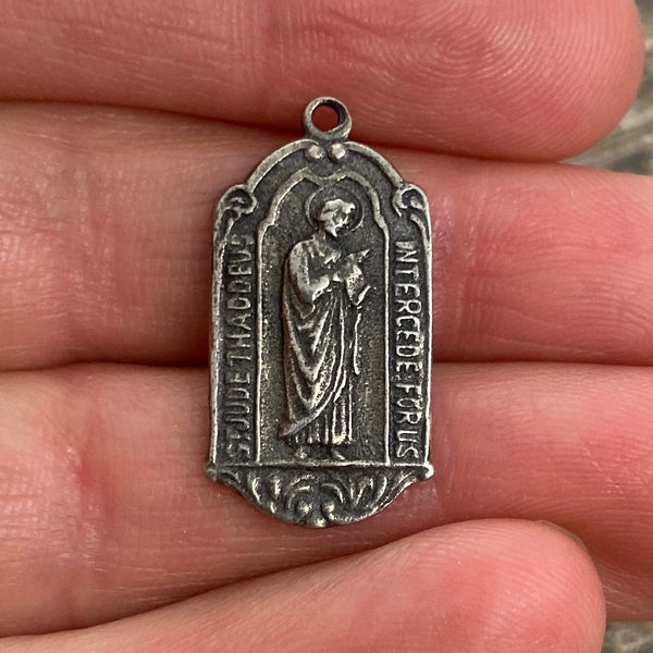 Load image into Gallery viewer, St. Jude, Catholic Medal, Antiqued Silver Charm, Saint of Hope and Miracles, Religious Jewelry, PW-6082
