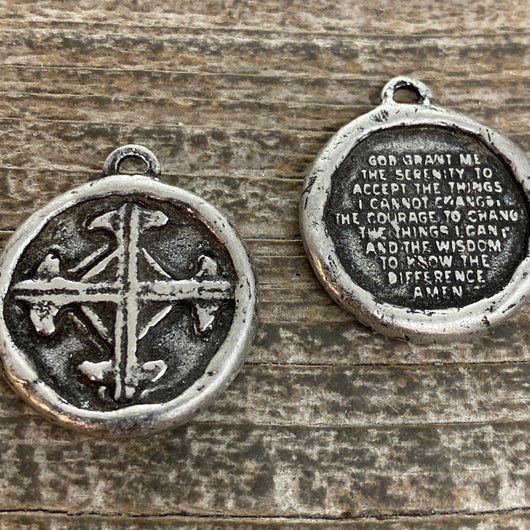 Soldered Serenity Prayer Coin, Pocket Cross Charm, Sobriety Token, Antiqued Silver Religious Christian Men's Jewelry, PW-6090