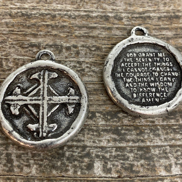 Load image into Gallery viewer, Soldered Serenity Prayer Coin, Pocket Cross Charm, Sobriety Token, Antiqued Silver Religious Christian Men&#39;s Jewelry, PW-6090
