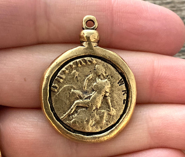 Load image into Gallery viewer, Old World Greek Coin Replica with Setting, Antiqued Gold Charm Pendant, Woman Lady Coin, Jewelry Supplies, GL-6195
