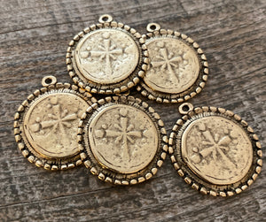 Dotted Ancient Circle Cross Charm Token, Antiqued Gold Religious Christian Jewelry Making Supplies, GL-6166