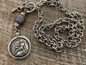 Old World Greek Coin Replica with Setting, Antiqued Silver Charm Pendant, Woman Lady Coin, Jewelry Supplies, PW-6195