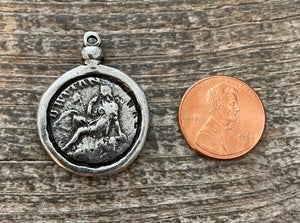 Old World Greek Coin Replica with Setting, Antiqued Silver Charm Pendant, Woman Lady Coin, Jewelry Supplies, PW-6195