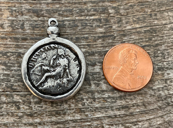 Load image into Gallery viewer, Old World Greek Coin Replica with Setting, Antiqued Silver Charm Pendant, Woman Lady Coin, Jewelry Supplies, PW-6195
