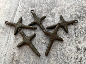 Skinny Crackled Stick Cross Pendant, Distressed Charm, Antiqued Rustic Brown Cross for Jewelry Making Supplies, BR-6083
