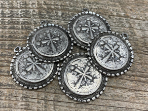 Dotted Ancient Circle Cross Charm Token, Antiqued Silver Religious Christian Jewelry Making Supplies, PW-6166