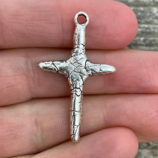 Skinny Crackled Stick Cross Pendant, Distressed Charm, Antiqued Silver Cross for Jewelry Making Supplies, SL-6083