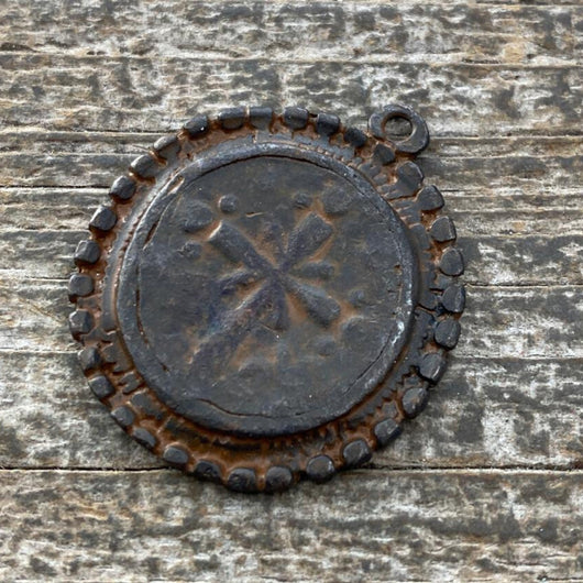 Dotted Ancient Circle Cross Charm Token, Antiqued Rustic Brown Religious Christian Jewelry Making Supplies, BR-6166