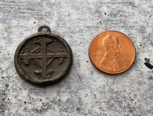 Load image into Gallery viewer, Soldered Serenity Prayer Coin, Pocket Cross Charm, Sobriety Token, Antiqued Rustic Brown Religious Christian, Men&#39;s Jewelry, BR-6090
