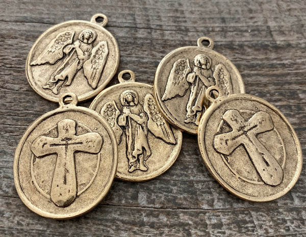 Load image into Gallery viewer, Archangel St. Raphael, Catholic Medal, Angel of Healing, Antiqued Gold Religious Pendant Charm, Protection Christian Jewelry, GL-6135
