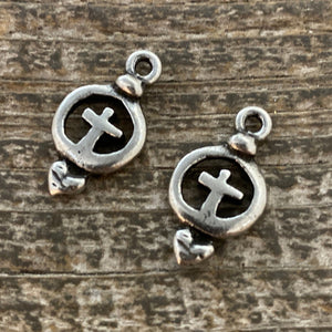 2 Heart Cross Charm, Antiqued Silver, Heart Cross, Ex Voto, Milagro, Talisman, PW-6013