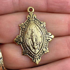 French Mary Medal, Fleur de Lis Pendant, Antiqued Gold Charm, Catholic Religious Christian Jewelry, GL-6081