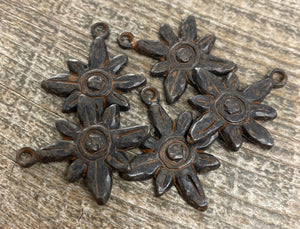 Hammered Flower Charm, Antiqued Rustic Brown Pendant for Jewelry, BR-6086