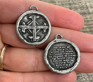 Soldered Serenity Prayer Coin, Pocket Cross Charm, Sobriety Token, Antiqued Silver Religious Christian Men's Jewelry, PW-6090