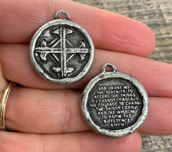 Load image into Gallery viewer, Soldered Serenity Prayer Coin, Pocket Cross Charm, Sobriety Token, Antiqued Silver Religious Christian Men&#39;s Jewelry, PW-6090
