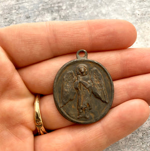 Archangel St. Raphael, Catholic Medal, Angel of Healing, Antiqued Rustic Brown Religious Pendant Charm, Protection Jewelry, BR-6135