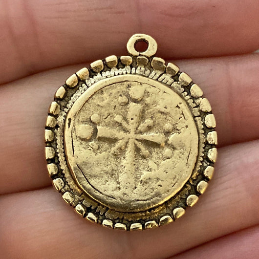 Dotted Ancient Circle Cross Charm Token, Antiqued Gold Religious Christian Jewelry Making Supplies, GL-6166