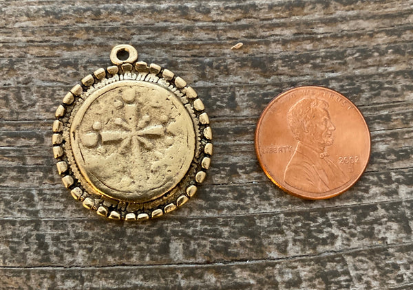 Load image into Gallery viewer, Dotted Ancient Circle Cross Charm Token, Antiqued Gold Religious Christian Jewelry Making Supplies, GL-6166
