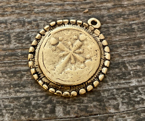 Dotted Ancient Circle Cross Charm Token, Antiqued Gold Religious Christian Jewelry Making Supplies, GL-6166