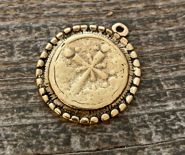 Load image into Gallery viewer, Dotted Ancient Circle Cross Charm Token, Antiqued Gold Religious Christian Jewelry Making Supplies, GL-6166

