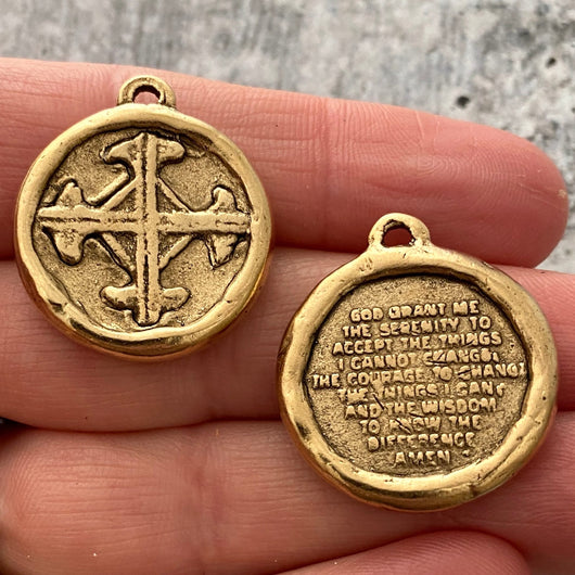 Soldered Serenity Prayer Coin, Pocket Cross Charm, Sobriety Token, Antiqued Gold Religious Christian Men's Jewelry, GL-6090
