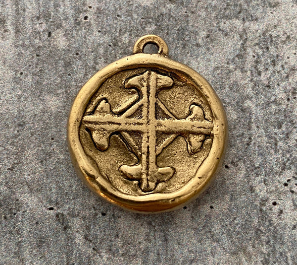 Load image into Gallery viewer, Soldered Serenity Prayer Coin, Pocket Cross Charm, Sobriety Token, Antiqued Gold Religious Christian Men&#39;s Jewelry, GL-6090
