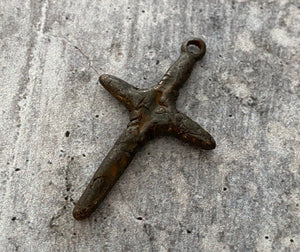 Skinny Crackled Stick Cross Pendant, Distressed Charm, Antiqued Rustic Brown Cross for Jewelry Making Supplies, BR-6083