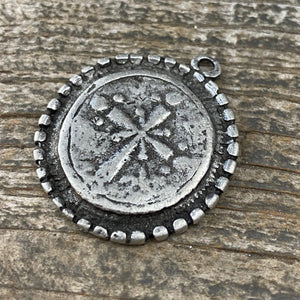 Dotted Ancient Circle Cross Charm Token, Antiqued Silver Religious Christian Jewelry Making Supplies, PW-6166