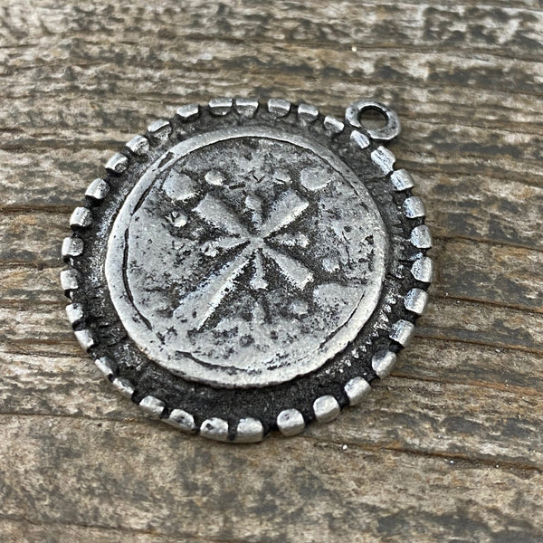 Load image into Gallery viewer, Dotted Ancient Circle Cross Charm Token, Antiqued Silver Religious Christian Jewelry Making Supplies, PW-6166
