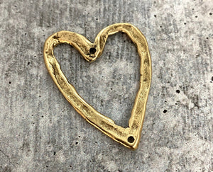 Hammered Heart Artisan Connector Pendant, Antiqued Gold Charm, GL-6089