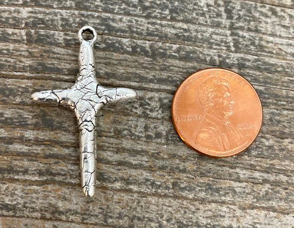 Load image into Gallery viewer, Skinny Crackled Stick Cross Pendant, Distressed Charm, Antiqued Silver Cross for Jewelry Making Supplies, SL-6083
