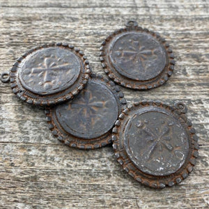 Dotted Ancient Circle Cross Charm Token, Antiqued Rustic Brown Religious Christian Jewelry Making Supplies, BR-6166