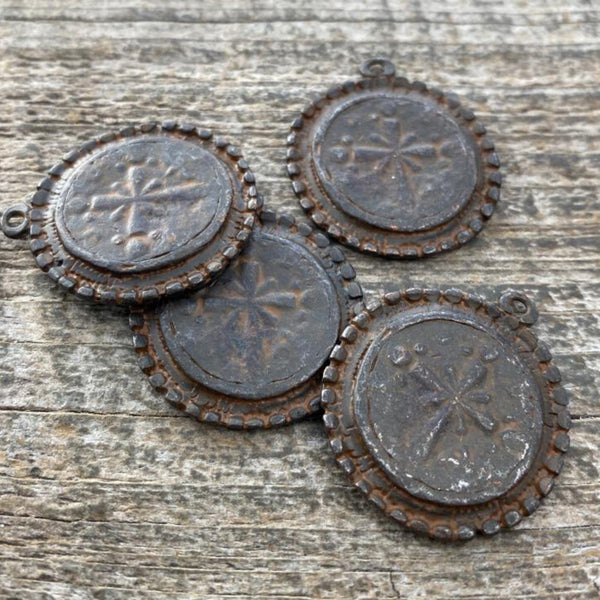 Load image into Gallery viewer, Dotted Ancient Circle Cross Charm Token, Antiqued Rustic Brown Religious Christian Jewelry Making Supplies, BR-6166
