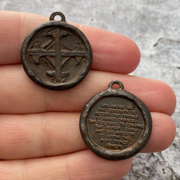 Load image into Gallery viewer, Soldered Serenity Prayer Coin, Pocket Cross Charm, Sobriety Token, Antiqued Rustic Brown Religious Christian, Men&#39;s Jewelry, BR-6090
