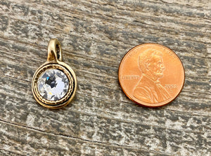 Large Swarovski Crystal Clear Charm, Antiqued Gold Pendant, Jewelry Making Artisan Findings, GL-S007