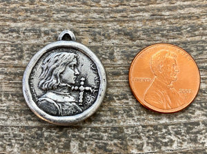 Soldered Joan of Arc Medal, Antiqued Silver Charm Pendant, Brave Woman, Saint of Soldiers, Religious Catholic Jewelry Supplies, PW-6098