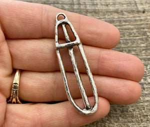 Large Oval Stick Cross Pendant, Long Skinny Artisan Cross, Silver Pendant for Jewelry Making Supplies, SL-6095