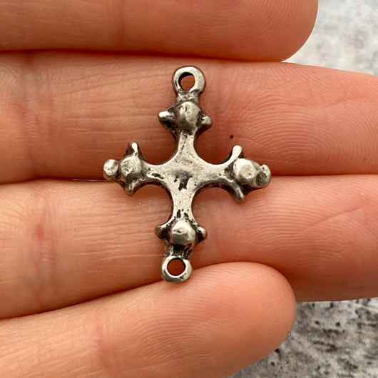 Dotted Cross Connector, Antiqued Silver Artisan Charm, Jewelry Making Supplies, PW-6097