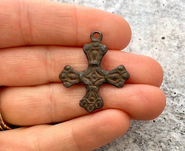 Load image into Gallery viewer, Ancient Cross with Dainty Floral Design, Religious Charm Pendant, Christian Jewelry Making Supplies, BR-6084
