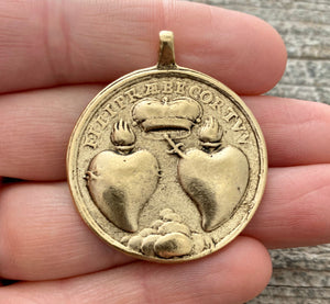 Large Sacred Hearts Medal, St. Anne and Child Mary, Antiqued Gold Pendant, Catholic Christian Religious Jewelry, GL-6100