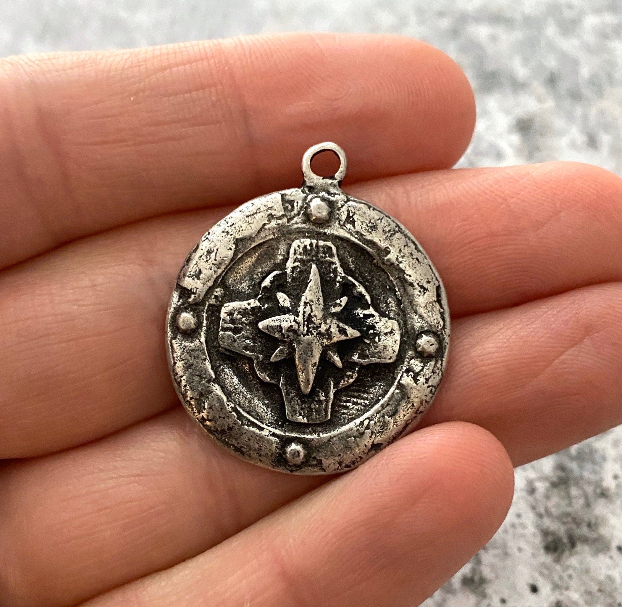 Compass Rose Cross Pendant, Antiqued Silver Pendant, Old World